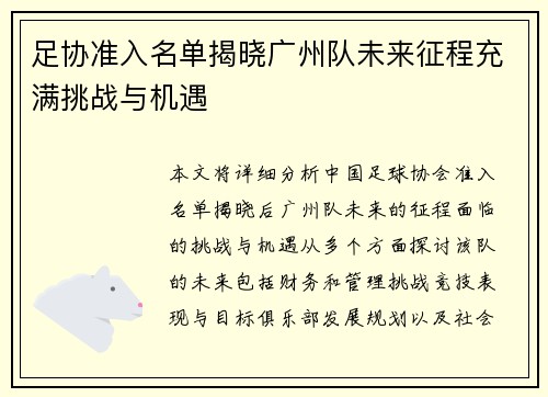 足协准入名单揭晓广州队未来征程充满挑战与机遇